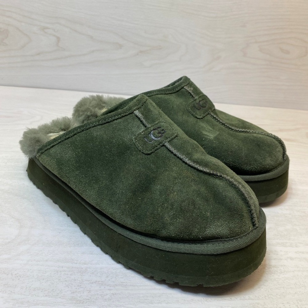 UGG Womens 9 Disquette Slipper Platform Forest Green Suede Sheepskin 1153275
